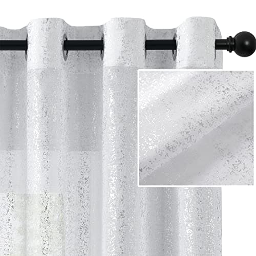 Image of TERLYTEX White & Silver Curtains 84 Inch Length Metallic Silver Foil Printed Sparkle Sheer Curtains for Living Room Eyelet Silver Shimmer Curtains for Windows,132 X
