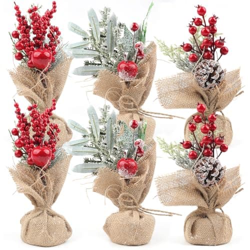 Image of Fangoo 6pcs 21-25cm Small Christmas Tree Table Centrepiece Decorations with Red Berries Pine Cones Evergreen Branches for Home Xmas Fireplace Office Desktop Indoor Decor