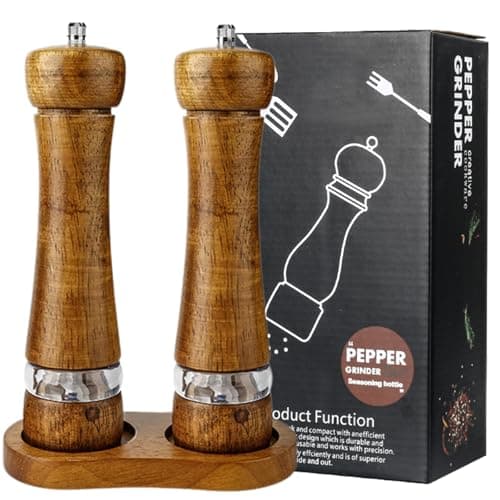 Image of Sonwaha Set of 2 Salt and Pepper Mill Wooden Set with Coaster, Adjustable Coarseness Manual Ceramic Grinder for Chili Lilac Pepper Salt Spices 8 Inch Retro Colour