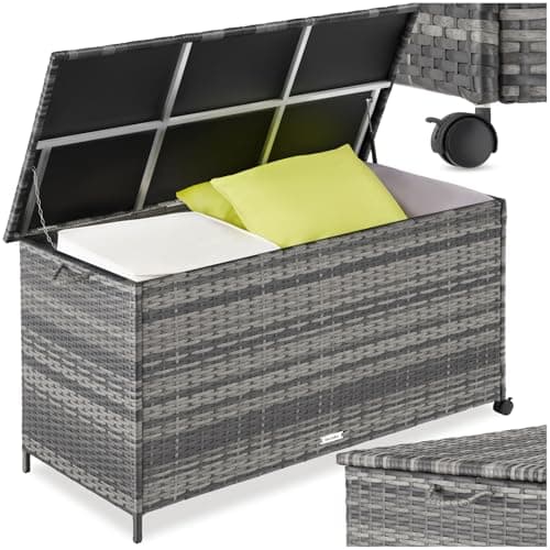 Image of tectake® Rattan Garden Storage Box in UV-Resistant Polyrattan, 253L Outdoor Storage Box with Lockable Swivel Wheels, Aluminium Frame & Gas Spring, Balcony, Patio & Garden Cushion Storage - Grey