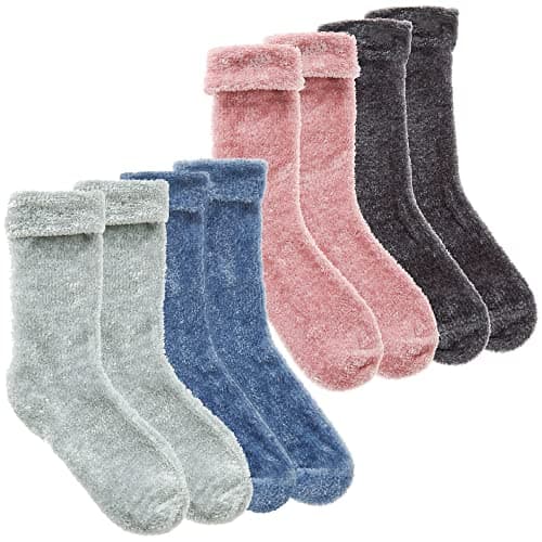 Image of Metzuyan Ladies Womens Chenille Cosy Fluffy Turn Over Top Plain Luxury Thermal Socks Pink & Grey - 4 Pairs