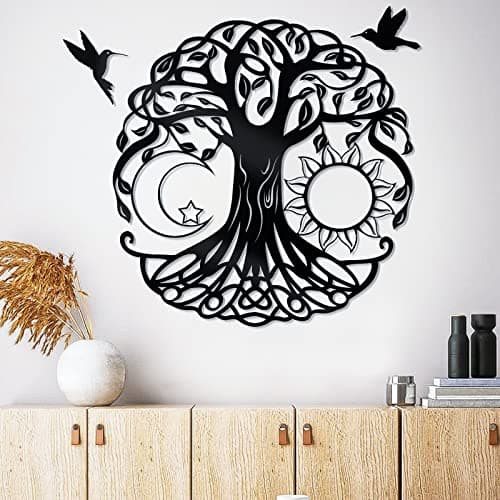 Image of WINUSD 18in Black Metal Wall Art, Tree of Life Wall Decor Metal Artwork for Wall with 2 Pcs Black Metal Bird Silhouette, Tree of Life Wall Decor for Norse Decor Living Room Outdoor Indoor