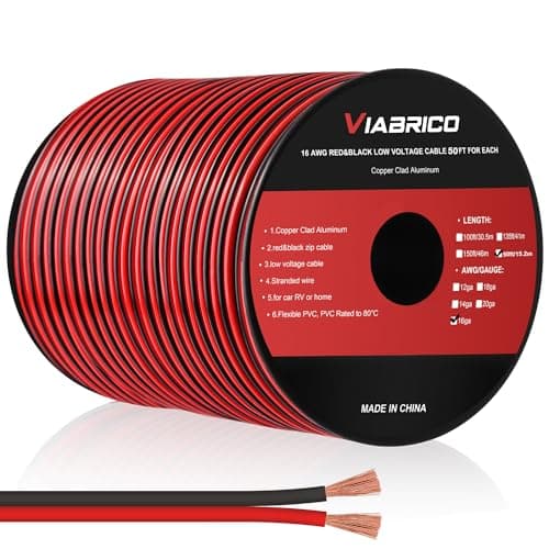 Image of VIABRICO 16AWG 50FT 2-Conductor Red Black Wire for LED Lighting Strips - Flexible 16 Gauge Copper-Clad Aluminum 12V/24V DC