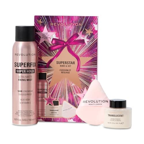Image of Revolution Superstar Bake & Set, Superfix Fixing Spray & Translucent Loose Baking Powder with Makeup Puff, Long-Lasting Makeup Look, Vegan & Cruelty-Free