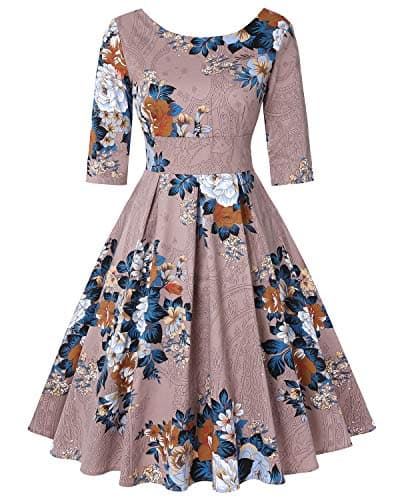 Image of MINTLIMIT Women's Dress 3/4 Sleeve Calf-Length Retro Floral Vintage Dress Audrey Hepburn Style (Floral Khaki,Size M)