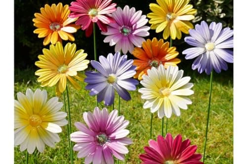 Image of Metal Daisy Stakes, Pack of 12 Decorative Multicolored Ornament, Outdoor Novelty Flowers for Pathways, Patios & Borders, Height 57cm