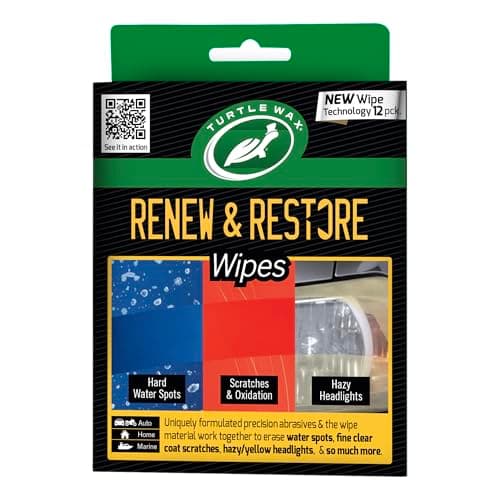Image of Turtle Wax Renew & Restore Compound Wipes, Light Scratch Remover and Headlight Restoration Kit, Effective Water Spot Remover, For Home, Auto, & Marine Use on Glass, Metal, Plastics & More (Pack of 12)