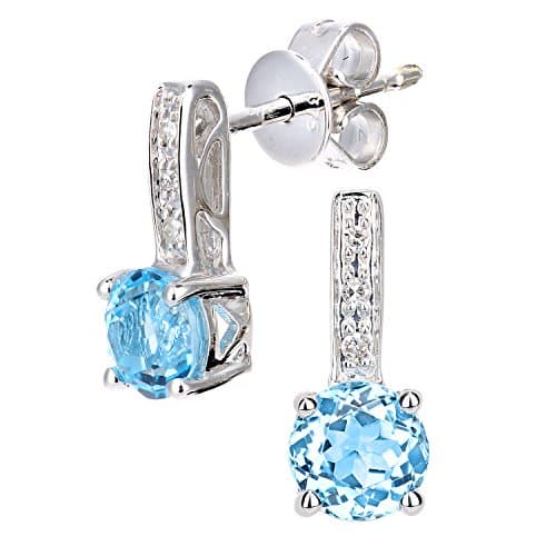 Image of Naava Women's 9ct White Gold Diamond and Blue Topaz Gemstone Round Cut Drop Earrings