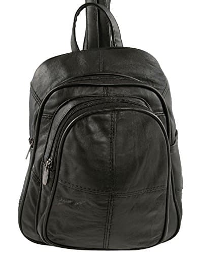 Image of Ladies Soft Real Leather Backpack Rucksack Bag- Triple Zipped (Black)