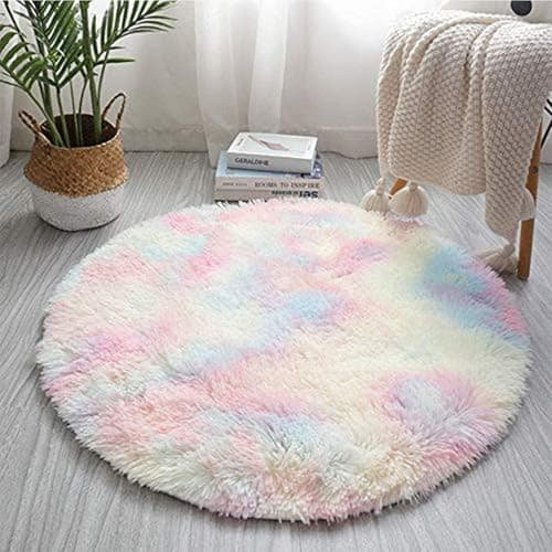 Image of FBARTL Round Fluffy Rainbow Area Rugs for Girls Room, Modern Fluffy Colorful Rugs Cute Floor Carpets, Shaggy Circel Playing Mat for Kids Baby Girls Bedroom Nursery Home Decor(100cm*100cm)