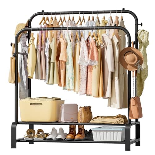 Image of OPPAIYA Metal Clothes Rail, Heavy Duty Double Garment Rack with 8 Hanging Hooks & 2-Tier Shoe Shelf, Free Standing Open Wardrobe Hanging Rails for Bedroom and Laundry (110 x 51 x 145cm)-Black