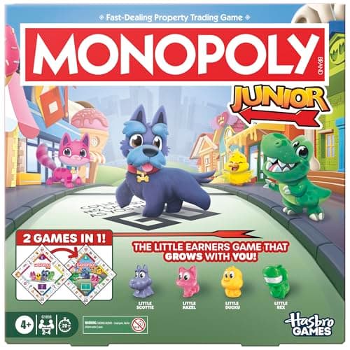 Image of Monopoly Junior Board Game (2026 Edition) | 2 Games in 1 for Younger Kids, 2-Sided Board | Ages 4+ | 2-4 Players | 20 Mins. | Gifts for Preschoolers - English Version