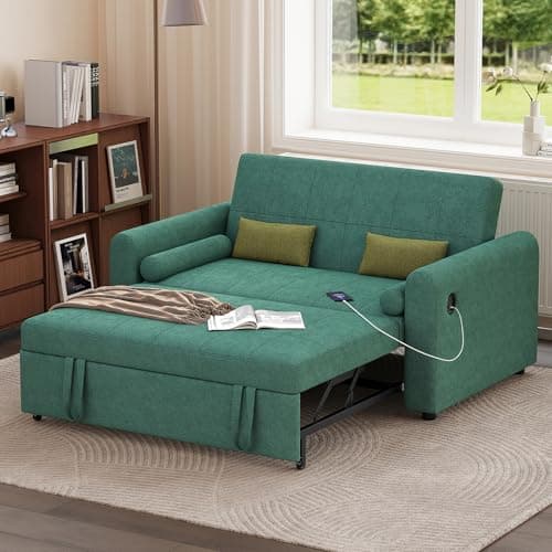 Image of Jooli H 2 Seater Sofa Bed, 3-in-1 Convertible Fabric Pull Out Sleeper Sofa with 3-Position Adjustable Backrest, Side Pockets and USB for Living Room, Guest Room, Green