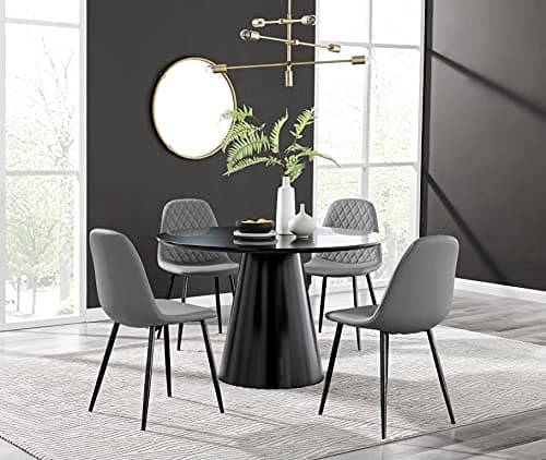 Image of Furniturebox UK Palma Black Semi-Gloss Round Pedestal Dining Table and 4 Grey Faux Leather Black Leg Corona Dining Chairs