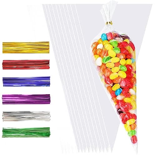 Image of 100pcs Sweet Cone Bags,Sweet Cones Bags with 100pcs Colorful Ties and 100 Silver Ties,Triangle Clear Bag for Goods Packaging of Birthday and Other Festivals(30 * 16cm)