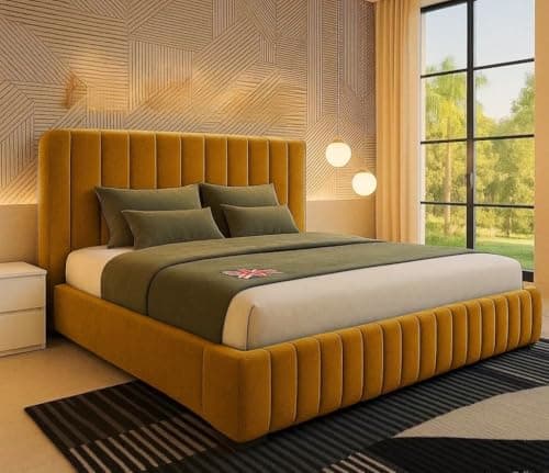 Image of 6FT Super King Winged Panel Bed Frame With Headboard Upholstered In Plush Velvet Mustard Gold Wooden Slats - No Mattress - No Storage (Mustard Gold Plush, 6FT Super King - No Mattress - No Storage)