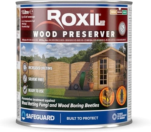 Image of Roxil Wood Preserver Clear (1L) Odourless Pre-Treatment Wood Preservative Against Dry Rot, Wet Rot, Fungal Attack and Woodworm. Solvent Free, Ready to Use, for Outdoor Fence, Decking & Shed