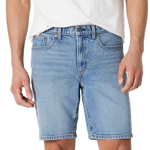Image of Amazon Essentials Men's Heavyweight Stretch Straight-Fit Denim Shorts, 22.9 cm, Authentic Medium Wash, 32W