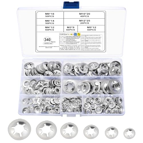 Image of 340 Pcs Starlock Washers, Internal Tooth Quick Speed Locking Washer, Push On Speed Clips Fasteners Starlock Washers Assortment Kit - Stainless steel, silver, M3/M4/M5/M6/M8/M10/M12
