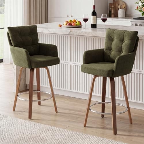 Image of TQHOQ Bar Stools Set of 2, 360° Swivel Bar Chairs Thick Padding, Barstools with Armrests and Walnut Wood Chair Legs, Green