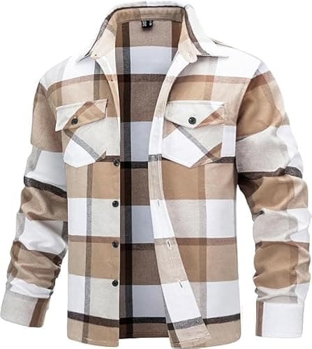 Image of TACVASEN Mens Long Sleeve Flannel Shirts Checked Overshirt Brushed Cotton Shirt Casual Jacket with Pockets Beige S