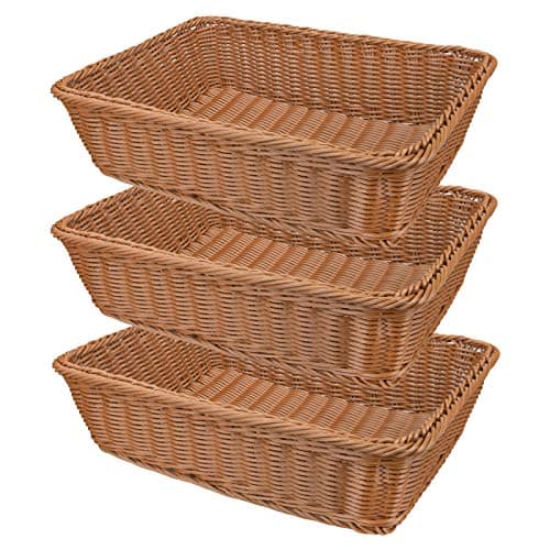 Image of Yarlung 3 Pack Imitation Rattan Woven Bread Baskets, 30cm Poly Wicker Fruit Baskets for Food Serving, Display, Vegetables, Home Kitchen, Restaurant, Outdoor, Brown Rectangular