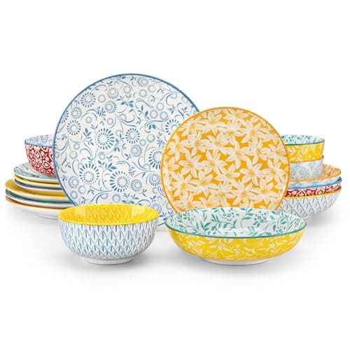 Image of vancasso Selene Colorful Floral Dinnerware Sets for 4, 16 Pieces Porcelain Crockery Set with Dinner Plates/Dessert Plates/Pasta Bowls/Cereal Bowls, Mircowave & Dishwasher Safe, Scratch Resistant