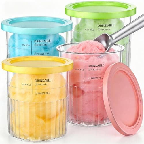 Image of Kssvzz 4 Pack Ice Cream Tubs for Ninja Creami Deluxe NC500 NC501 UK Series - 24 oz Replacement Pint Containers with Color Lids, BPA-Free & Dishwasher Safe with Aluminum Scoop