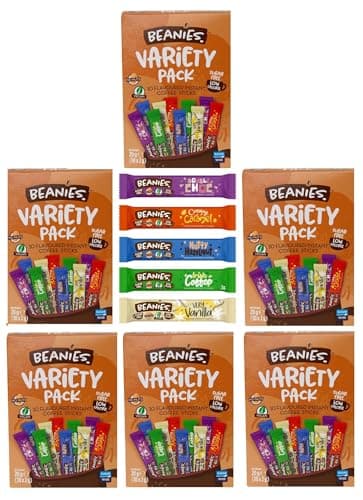 Image of Beanies Flavoured Instant Coffee Sticks Variety Pack, 6 Packs of 10 x 2g Sachets (Total 60 Sticks, 5 Flavours) Very Vanilla, Irish Coffee, Double Choc, Nutty Hazelnut, Creamy Caramel