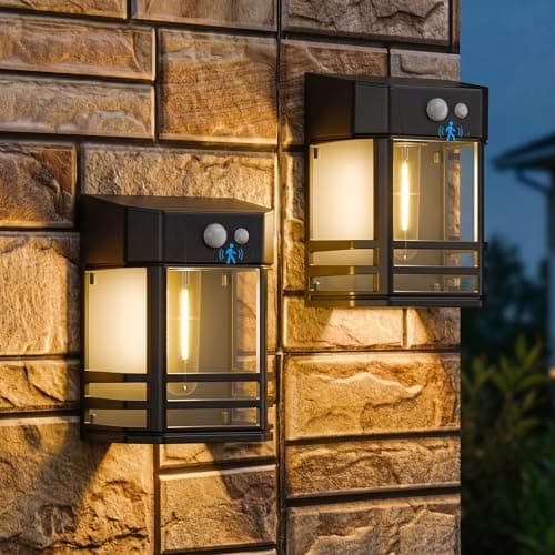 Image of btfarm 2 Pack Solar Wall Lights Outdoor with Motion Sensor, 3 Modes Retro Garden Fence Lights, IP65 Waterproof Deck Solar Security Lighting for Porch Patio Gate Yard Decoration, Warm White