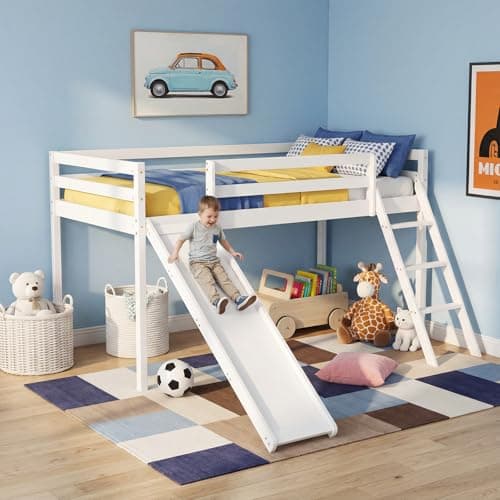 Image of Panana Mid Sleeper with Slide,Solid Wooden Single Loft Bed Frame 3FT Cabin Bed,Space Saving (White, Stair+Slide Style)