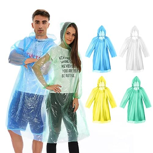 Image of 4 Pack Disposable Rain Ponchos, Waterproof Ponchos Adults Rain Poncho Emergency Waterproof Rain Coat Poncho with Drawstring and Hood, Suitable for Festivals, Camping, Hiking and Everyday Commute
