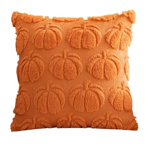 Image of QKEINV 1PCS Autumn Cushion Covers, Orange Pumpkin Throw Pillow Covers, Pumpkin Decorative, Soft Fluffy Velvet Cushion Cover, Thanksgiving Decorations for Indoor Home Bedroom Couch Sofa Decor