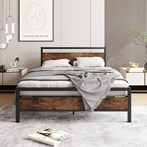 Image of HOJINLINERO 4ft6 Double Bed Frame with Wooden Headboard,Heavy Duty Metal Platform Bed Frame Double Bed Base No Box Spring Needed,Metal Slats Support Underbed Storage Space,Brown,135x190cm