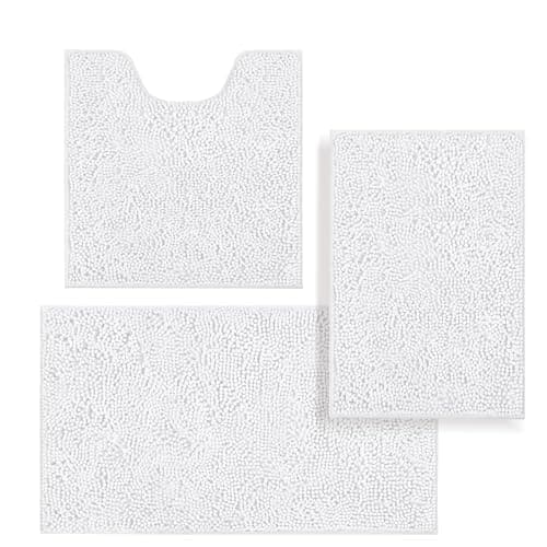 Image of placeroom Bathroom Mat Set of 3, Bath and Toilet Mat Set,Ultra Soft Chenille Bath Mat Non Slip,Bath Mat Sets 3 Piece Washable,Super-Absorbent Bath(White bath set)
