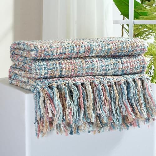 Image of GINAMUSE Multi-Color Pink Blue Cable Knitted Throw Blanket for Couch,50"X60" Boho Style Textured Blankets for Home Decor,Super Soft Warm Cozy Chunky Knit Blanket with Decorative Tassels for Bed