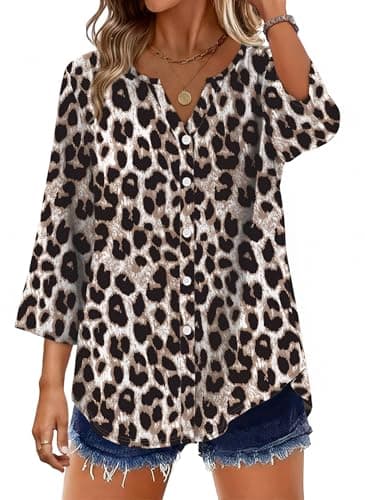 Image of Aokosor Womens 3/4 Sleeve Tops Ladies Blouses V Neck Tunic Button Shirts Curved Hem Leopard Size 14-16