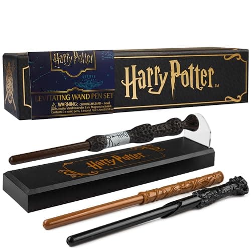 Image of Harry Potter Levitating Wand Pens, Pack of 3 Magical Black Ink Ballpoint Wand Pens with Magnetic Display Stand, Dumbledore Hermione Gifts (Multi 3 Pcs)