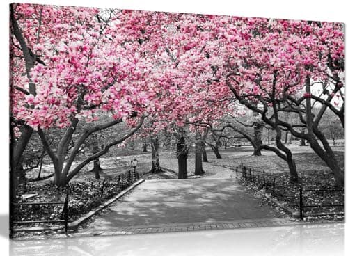 Image of Panther Print, Canvas Wall Art, Pictures for Living Room and Bedroom, Black & White, Pink Blossoms Framed Prints for Walls, Print for Special Occasions (24x16 Inch)