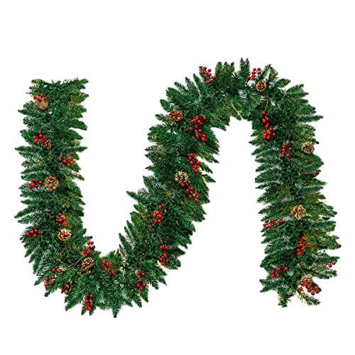 Image of Christmas Garland - 10FT Pine Garland with Red Berries Snow Pine Cones for Indoor Outdoor Christmas Decorations- 10 Foot by 10 Inch