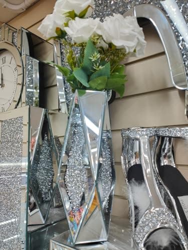 Image of Biznest 30cm Crushed Diamond Flower Mirror Vase Silver Crystal Glass Vase Mirrored Decorative Flower Vases for Living Room Home Decor