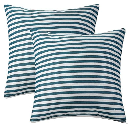 Image of Uxcell Striped Throw Pillow Covers Set of 2 Linen Decorative Cushion Cases Linen Square Decorative Pillow Case for Sofa Couch Bed Chair Modern Boho Decor Blue 40 x 40 cm