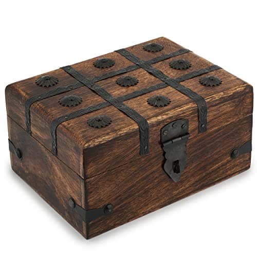 Image of Ajuny Wooden Handcrafted Decorative Pirate Treasure Chest Jewellery Storage Box Cross Shell Strips Handmade Mango Wood Keepsake Trinket Holder Organiser Great for Gifts 8x6 Inch