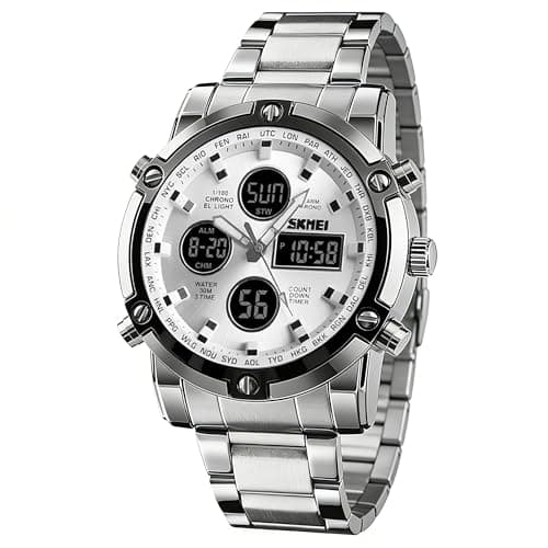 Image of SKMEI Mens Wrist Watch, Waterproof Military Analog Digital Watches with LED Multi Time Chronograph, Stainless Steel Business Watches for Men, 1389-SILVER Silver, 2.28 * 1.89 * 0.63 inches, Sports