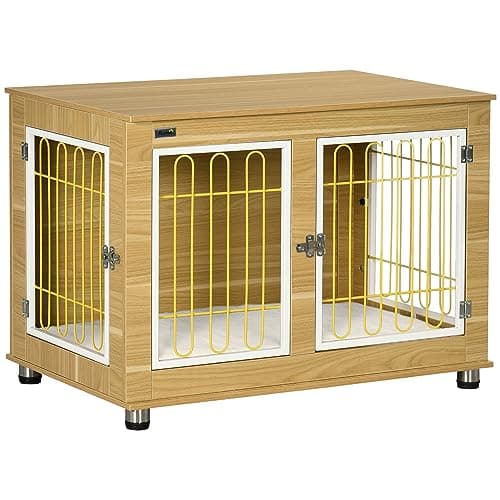 Image of PawHut Dog Crate Furniture, Indoor Dog Kennel Side End Table with Cushion, Double Doors, for Medium and Large Breeds, 90 x 58 x 65 cm, Oak