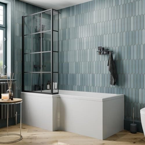 Image of BAYSTONE 1700 x 855mm Left Hand L Shaped Shower Bath Bathtub with Front Panel + Black Framed Grid Bath Screen