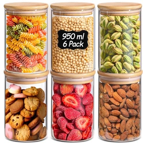 Image of ComSaf 950ml Glass Storage Containers with Lids, Glass Jars with Bamboo Lids, Clear Food Storage Jar, Round Canister Set of 6, Pantry Organizers and Storage for Pasta Flour Rice Tea Coffee Bean