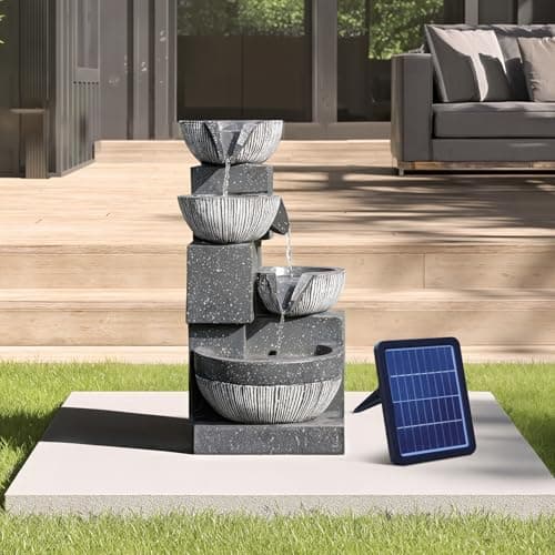 Image of Warmiehomy Solar Water Fountain, 4 Tier Solar Water Feature, Waterfall with Solar Powered Pump and LED Lights for Outdoor, Garden Fountains and Water Features, Height 47.5CM, Grey
