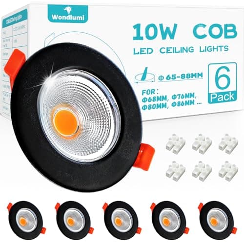 Image of Wondlumi 6X LED Downlights Ceiling 10W, Ultra Slim Spot Lights for Bedroom Living Room Kitchen, Round Black Recessed Ceiling Lights Warm White 3000K, Cutout Ø65-85mm