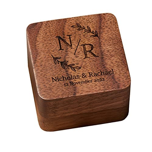 Image of Personalised Wedding Ring Box Holder for 2 Rings With Initials and Leaf Brown